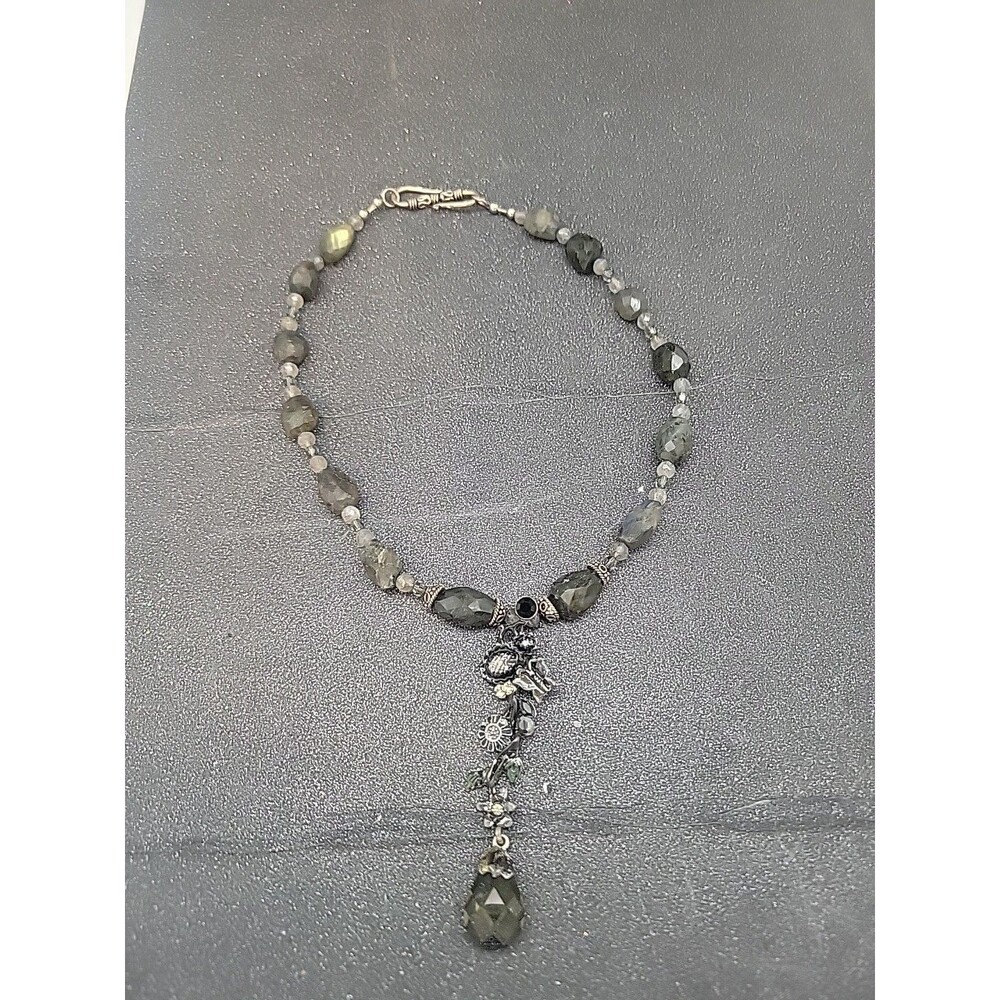 Vtg Flower Butterfly Choker Necklace Black Grey Silvertone Beaded 15"